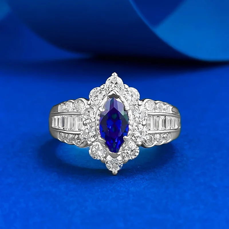 

S925 Silver Ring Female New Style 4 * 8m Horse Eye Royal Blue Small Fresh Fashion Ring Ring Wedding Jewelry