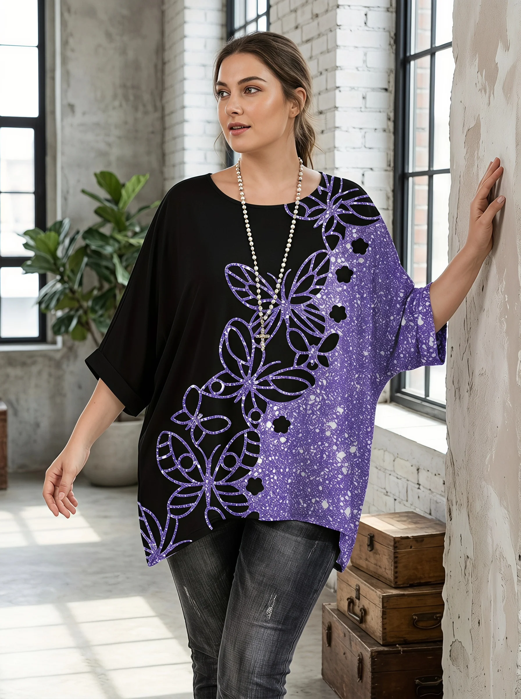 Gadinus Plus Size Women Abstract Print Blouse Loose Fit Long Sleeve Asymmetric Hem Top Plus Size Casual Printed Tunic Top