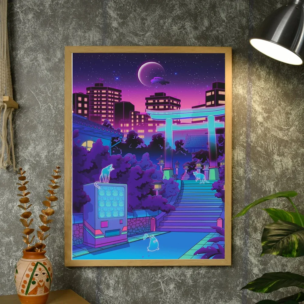 Vaporwave قماش جدار الفن Cyberpunk طوكيو سيتي سكيب النيون الجمالية غرفة ديكور انمي ياباني المشارك خمر الخيال العلمي