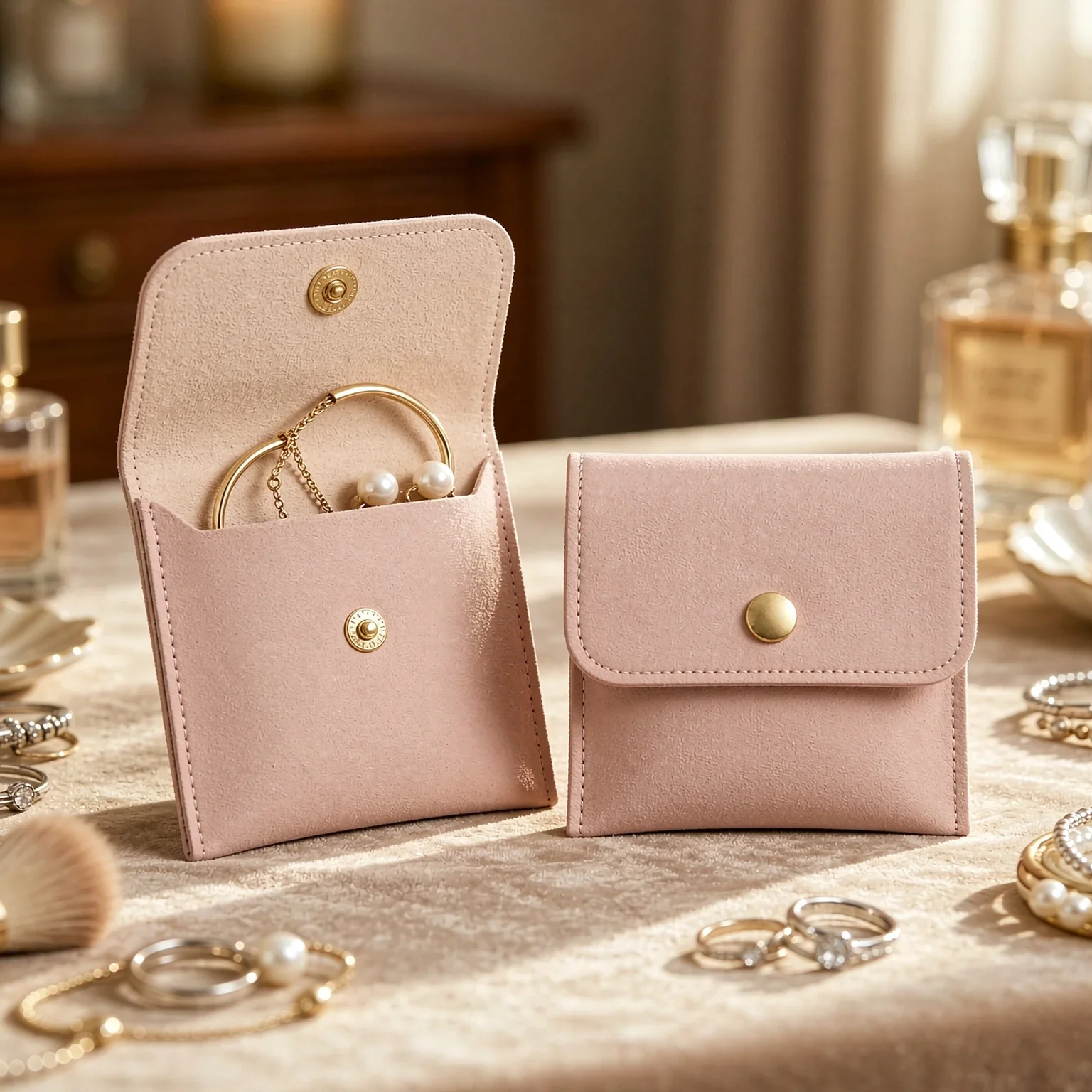 3Pcs 8CM Pink Jewelry Pouch Set Compact Faux Leather Envelope Holder Press Stud Closure Lightweight Storage Bag for Small TMZ