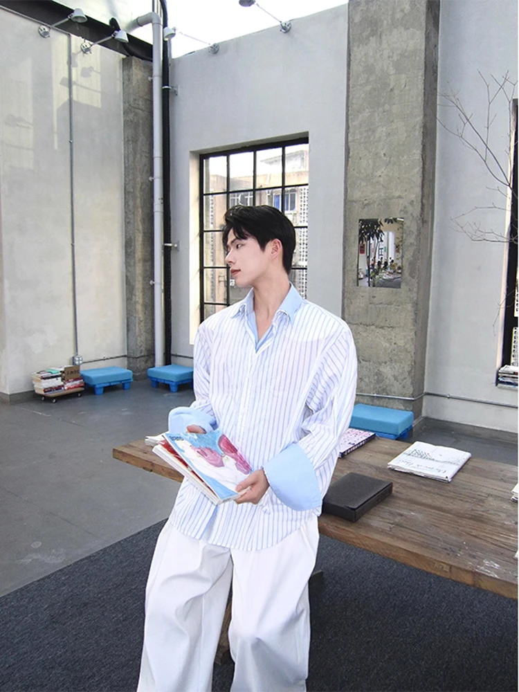 

Мужская рубашка Cleanfit с синими полосками, имитация двухслойности, с длинным рукавом, весна-осень, премиум-класс, стильная, для пар, верхняя одежда