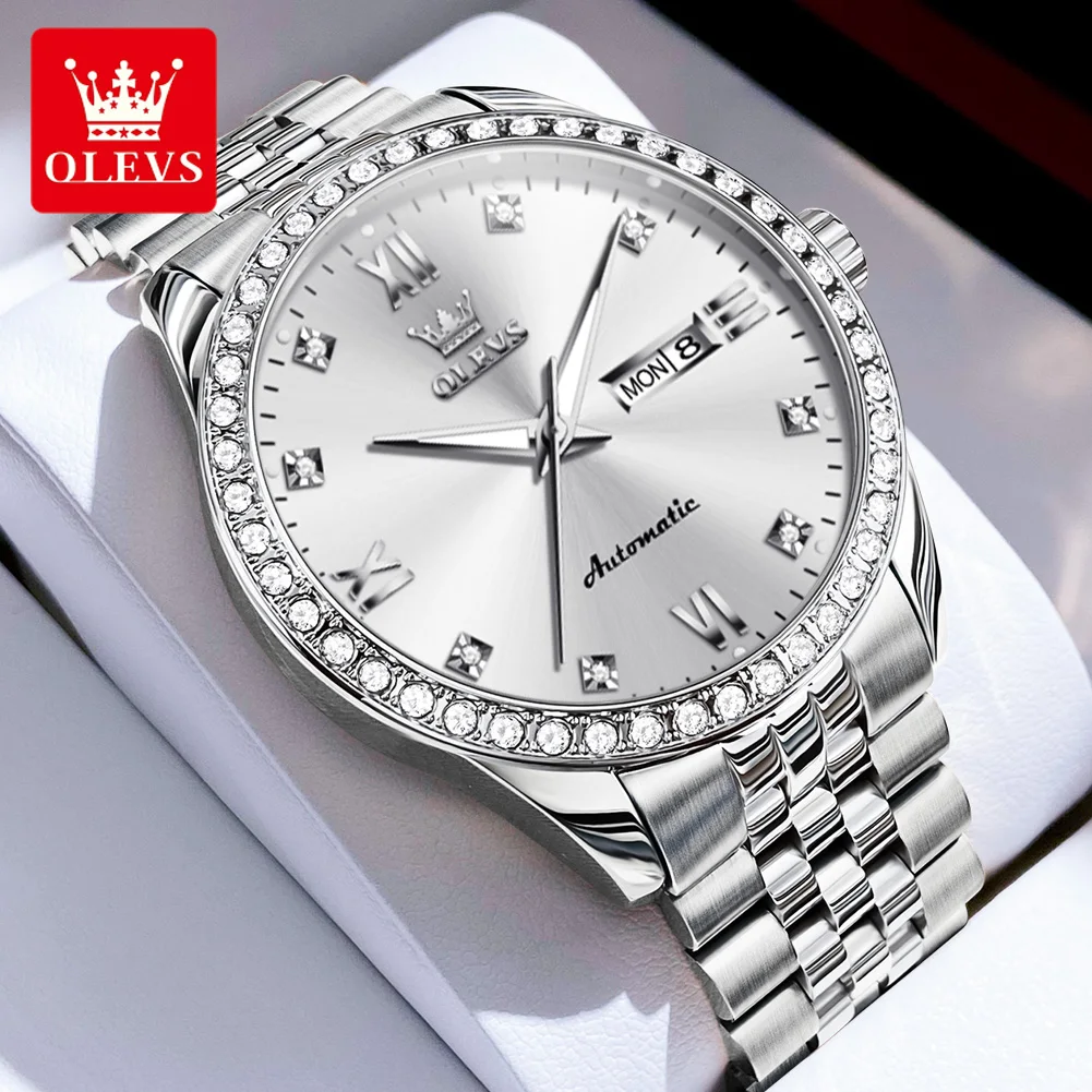 

Автоматические механические часы OLEVS 7012 для мужчин, светящиеся водонепроницаемые ремешки из нержавеющей стали, лучший бренд, роскошный подарок, украшенные бриллиантами