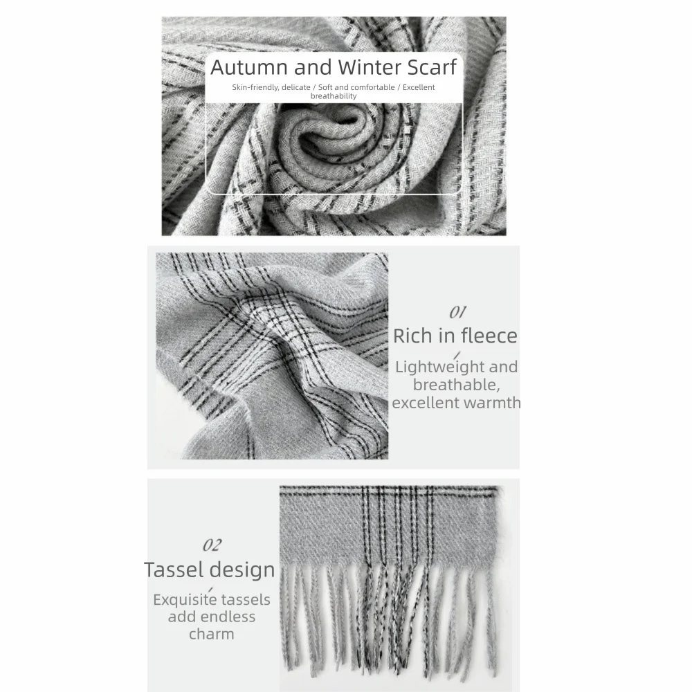 Faux Cashmere Plaid Scarf Fringe Trim Plaid Pattern Winter Scarf Korean Style Soft and Warm Neck Wrap Scarf for Women and Men