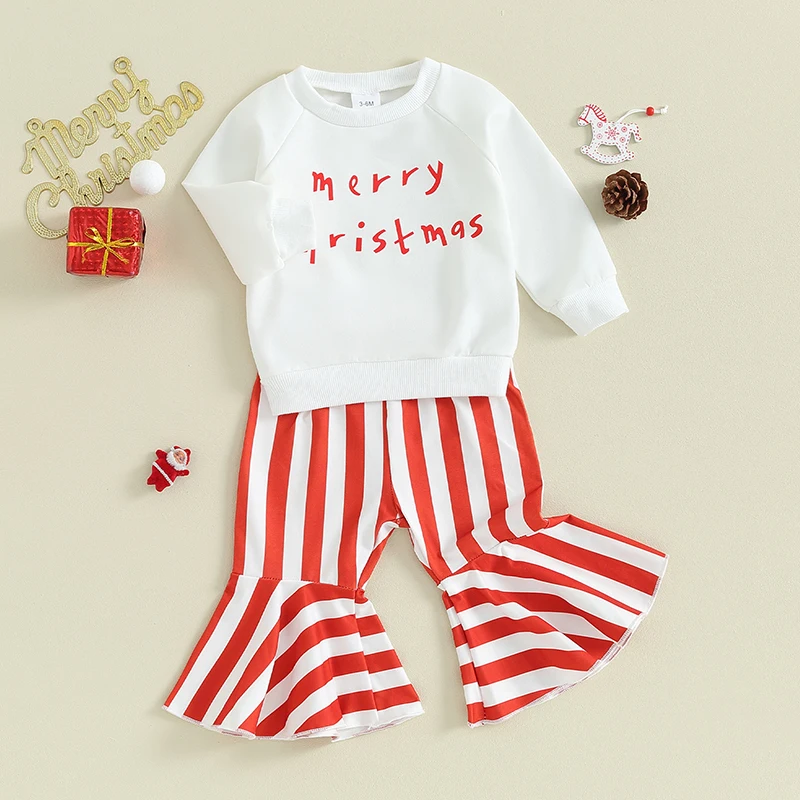 

Toddler Girl 2-Piece Christmas Outfit Set with Long Sleeve Sweatshirt and Striped Print Pants - Adorable Baby Clothes for the