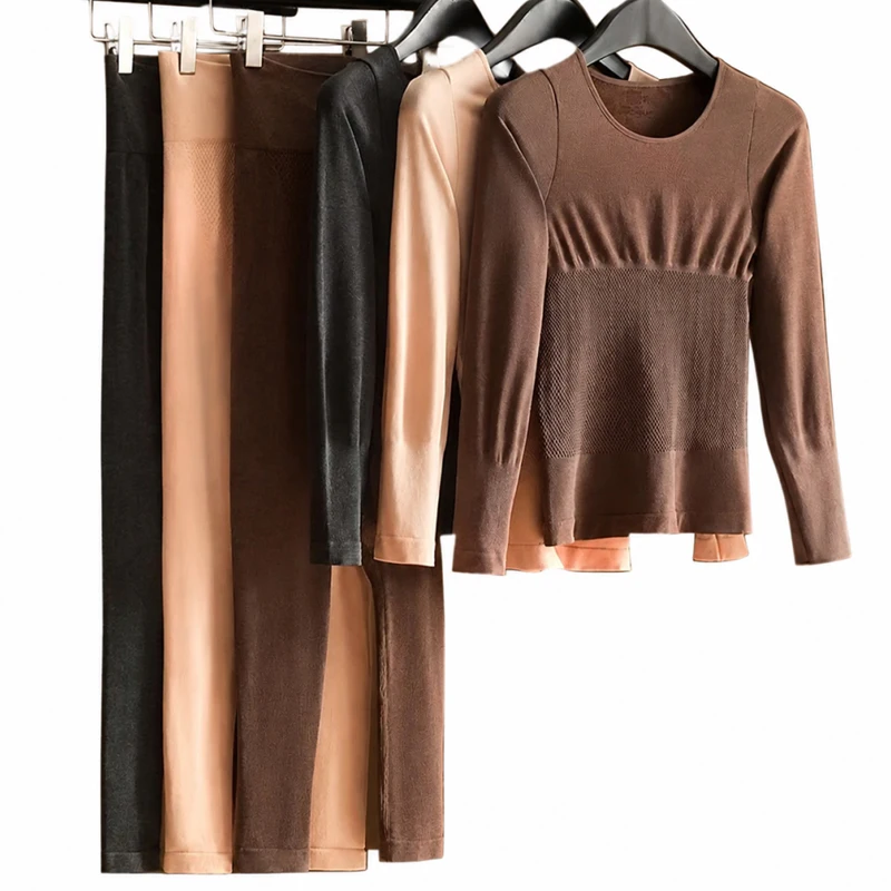1set Women Thermal Slimming Underwear Suit Lady Warm Long Sleeves Set Elasticity Autumn Winter Female Round Collar Top and Pants