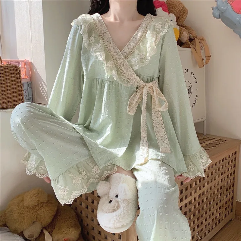 2023 New V-neck Tied Pajama Set for Women Spring Autumn Tops Long Sleeved Pants Lace Lace Pajamas