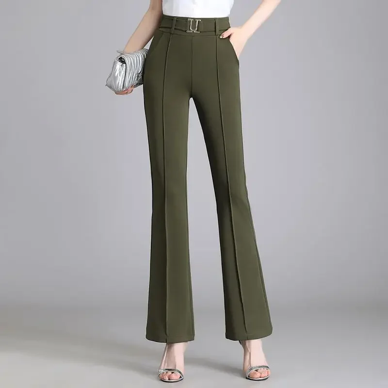 Pantalon Patchwork à Poches pour Femme, Couleur Unie, Évasé, Taille artificiel astique, Tempérament, Mode Décontractée, Bureau, Dame, Simplicité, Vêtements, LJ104