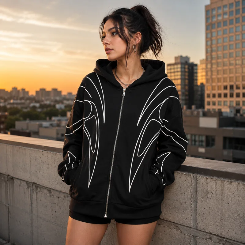 Women Graphic Zip Up Hoodie Oversized Hooded Sweatshirt Line Print Long Sleeve Casual Streetwear Autumn Jacket 2026 Hot New Plus