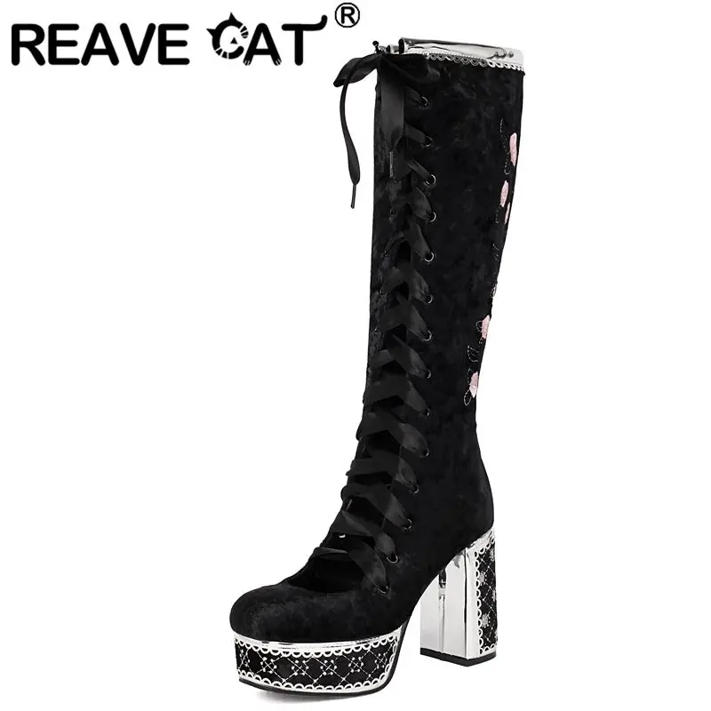 

REAVE CAT Gothic Women Knee High Boots Round Toe 10.4cm Block Heels 3.8cm Platform Zipper Lace Up Flock Suede Plus Size 42 43