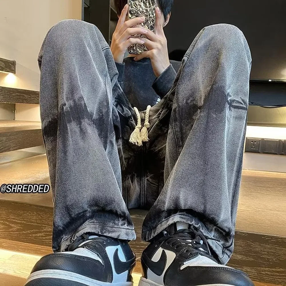 Tie Dyed Vintage Jeans Men's Fashion Brand Gradient Large Straight Leg Wide Leg Pants American Vibe High Street Casual Pants