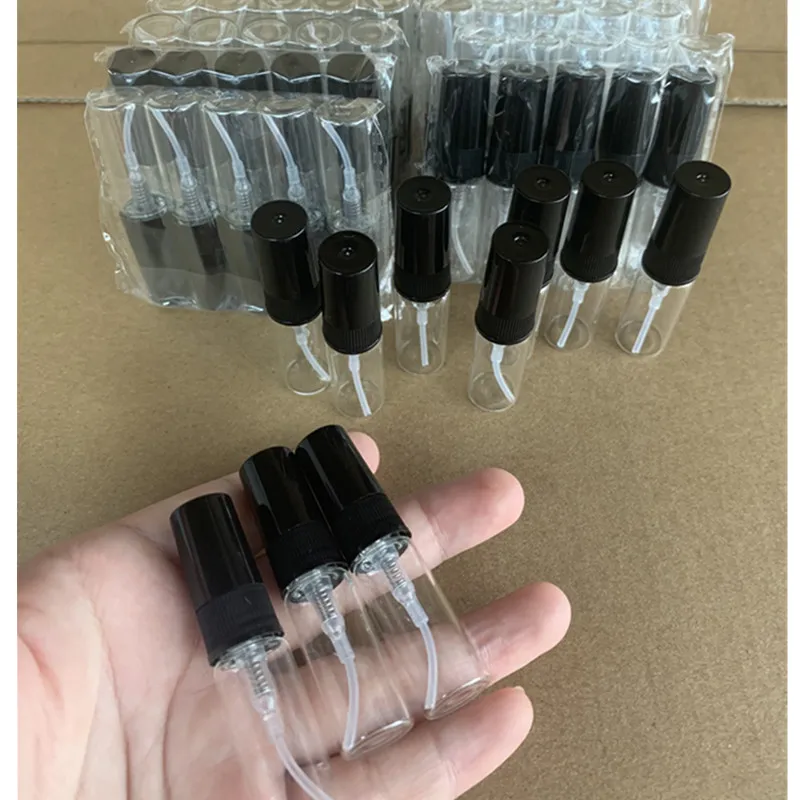 5/10/50/100PCS 3ML Black Refillable Bottle Glass Spray Bottle With 4 Accessories , 1 Dropper, 1 Funnel, 1 Dispenser, 1 Syringe ﻿