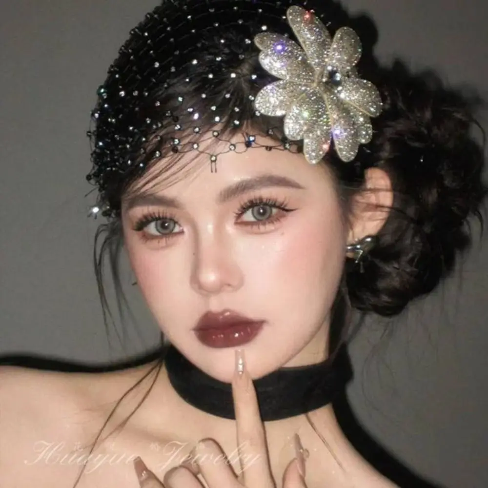 النمط الفرنسي حجاب الزفاف الرائعة أحجار الراين السوداء رأس العروس صافي زهرة جوفاء الزفاف أغطية الرأس إكسسوارات الشعر