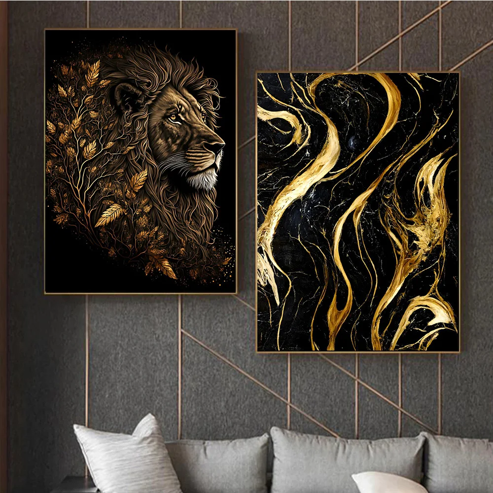 

Abstract Golden Lion Marble Black Modern Wall Art Canvas Painting Graffiti Posters Prints Modern Living Room Home Decor Pictures