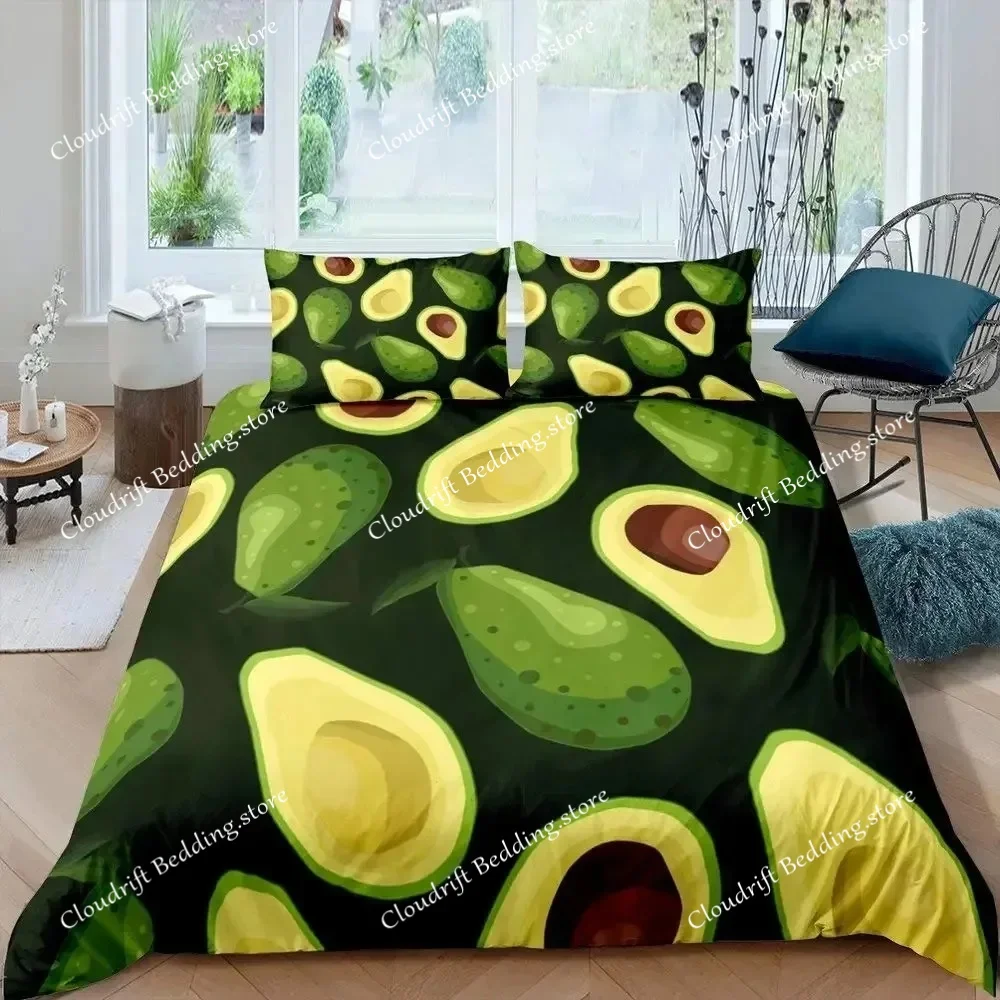 3D Print Fruit Duvet Cover Set, Cute Cartoon Avocado Decor 3 Piece Bedding Set with 2 Pillow Shams, Queen King Full Size