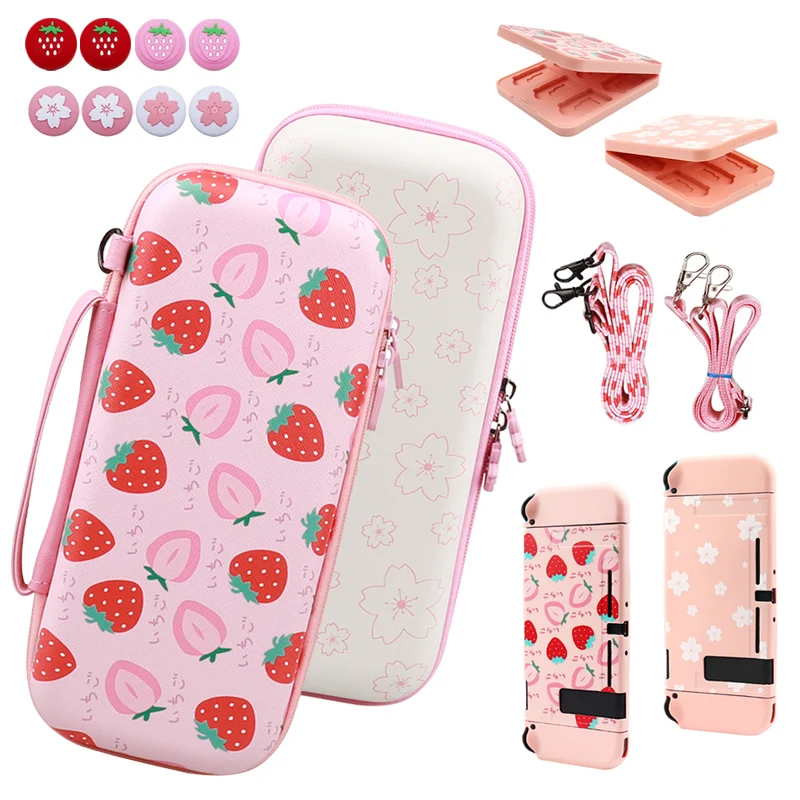 For Switch Carrying Case, EVA Hard Shell with Strawberry & Cherry Blossom Pattern, Fits for Switch/OLED with Accessories