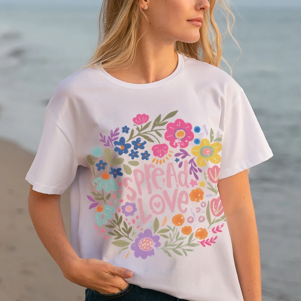 

Customized Printed Casual Y2K Short Sleeve Round Neck Fitted C Women Fashion Custom Female clothing T-shirt Flowers Spread Love