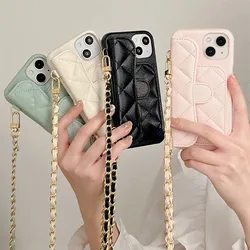 Geometric Lambskin Leather Case For iPhone 17 Air 16 15 14 13 Pro Max Plus Card Slot Holder Crossbody Long Chain Cover(No Logo)