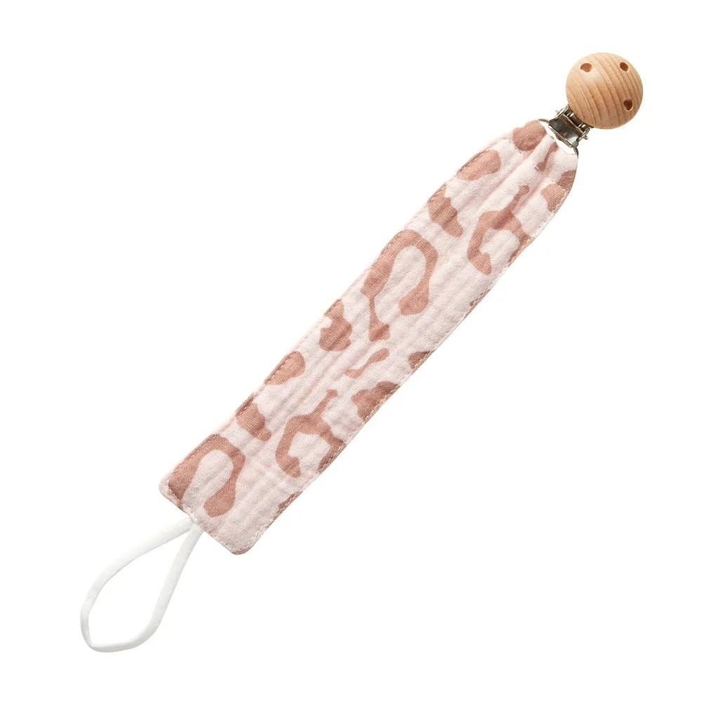 

New Cotton Gauze Baby Pacifier Clip Chain Safe Wooden Print Nipple Holder Clips Anti-drop Teether Toy Chain Baby Pacifier