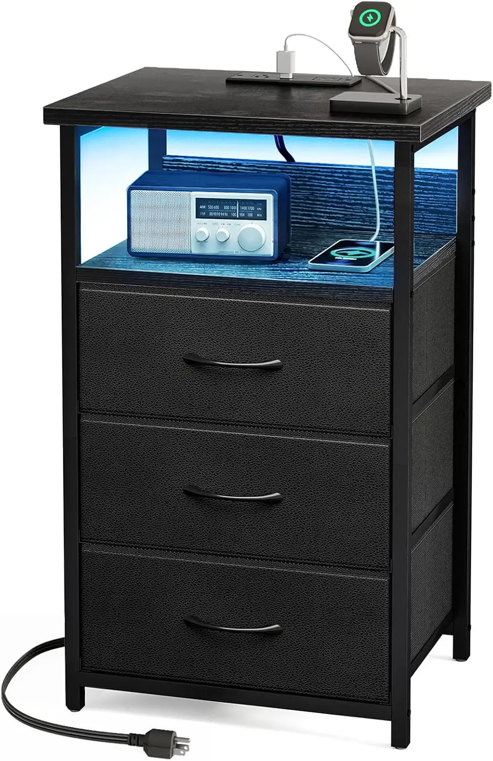 

Nightstand with USB Ports, Outlets & LED Light, 3 Fabric Drawers, Black Bedside Table