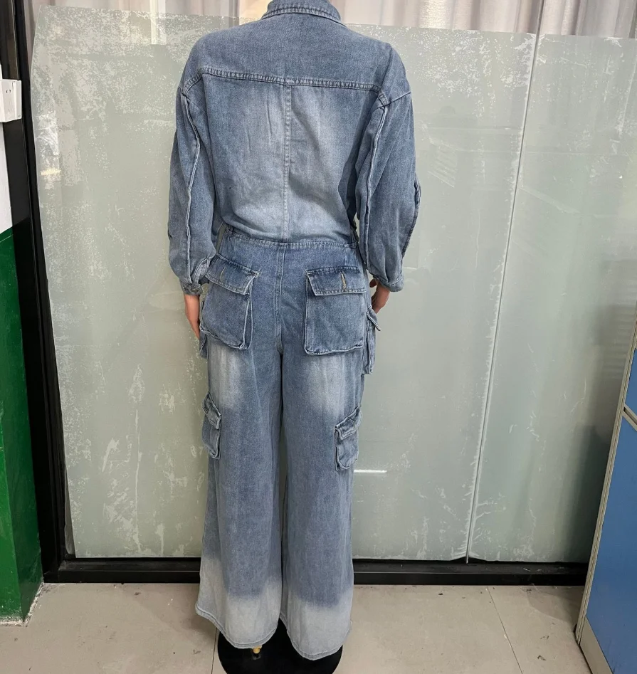 2026 Elegant New Fashion Work Pants Washed and Worn Denim Long Jumpsuit with Multiple Pockets and Wide Legs