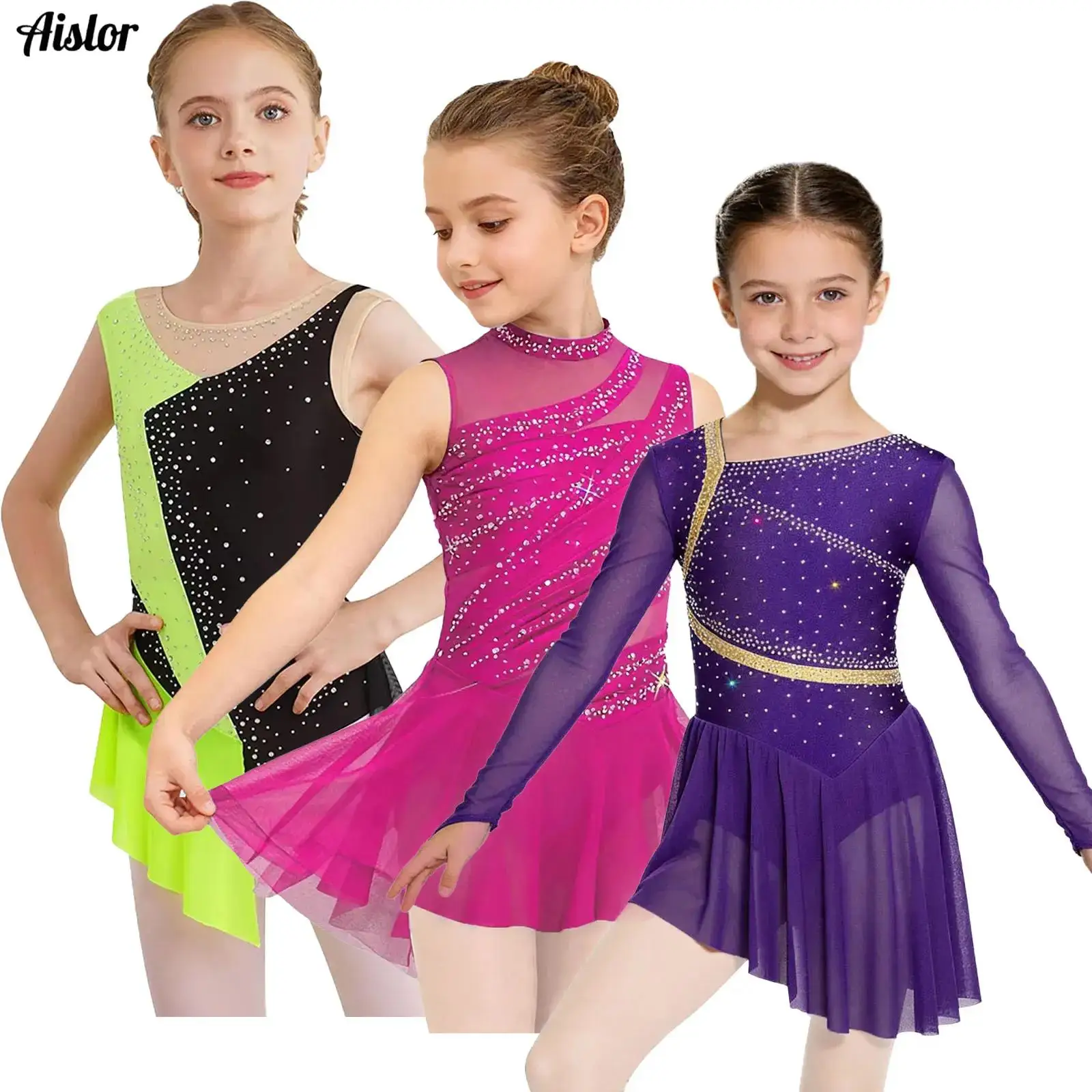 

Kids Girls Asymmetrical Ballet Lyrical Dancing Dress Mesh Long Sleeves Rhinestone Built-in Briefs Dress for Stage Performance