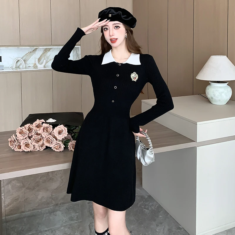 여성 섹시 라펠 싱글 브레스티드 턴다운 칼라 우아한 긴팔 바디콘 니트 베스티도 가을 슬림 A라인 스웨터 드레스