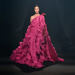 Flowing Fuchsia Prom Gowns Ruffled vestido de fiesta One Shoulder Prom Gown Bow Layered High Couture Long Party Dress with Train