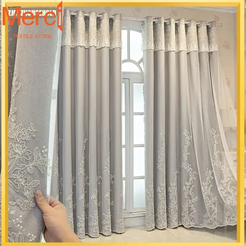 

Modern Princess Room Pink Lace Embroidery Customized Yarn Plus Lining Curtains For Living Dining Room Bedroom High Shading
