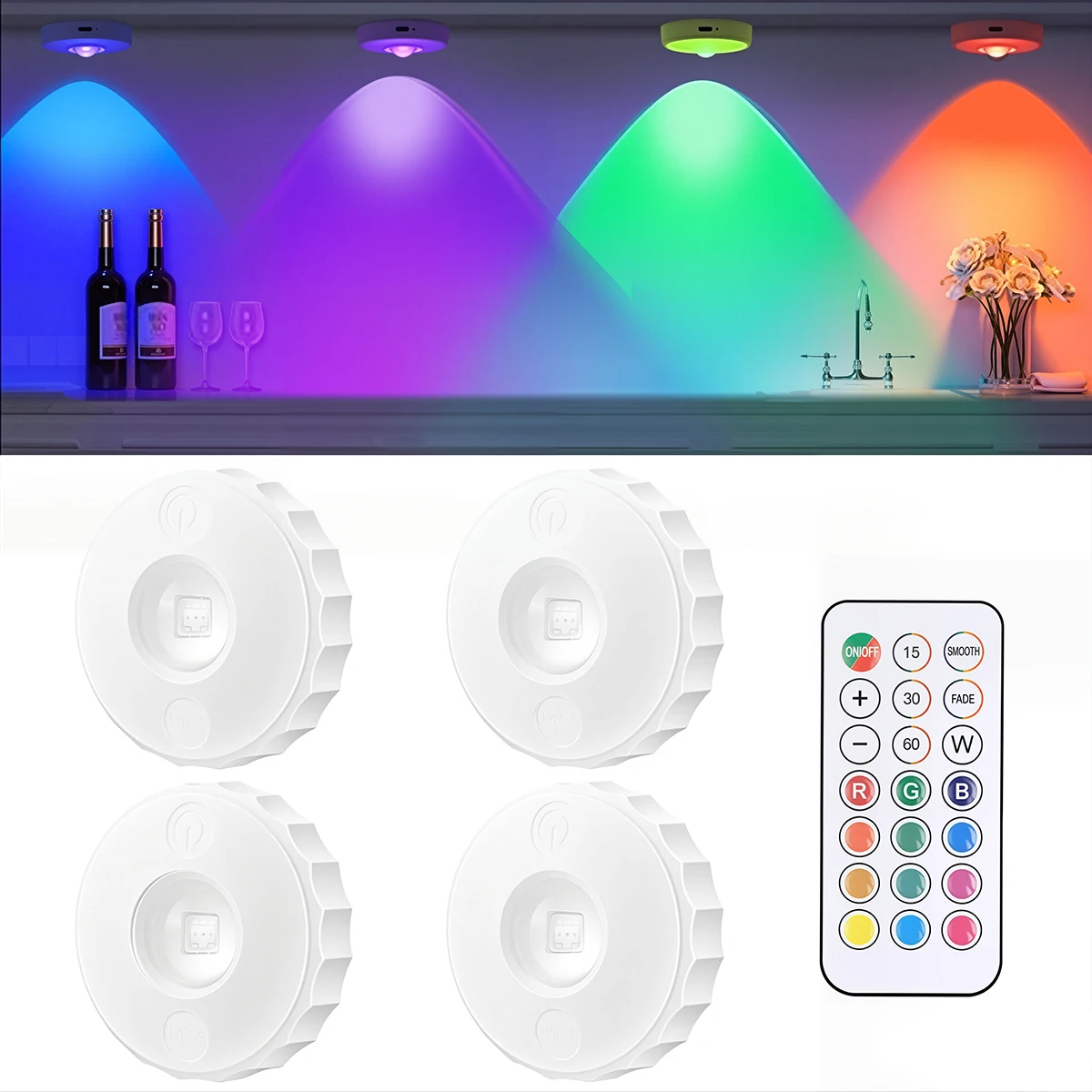 

4PCS Rechargeable RGB Night Light with Remote Dimmable LED Spotlights for Display Closet Kitchen Wardrobe Bedroom Cabinet Light