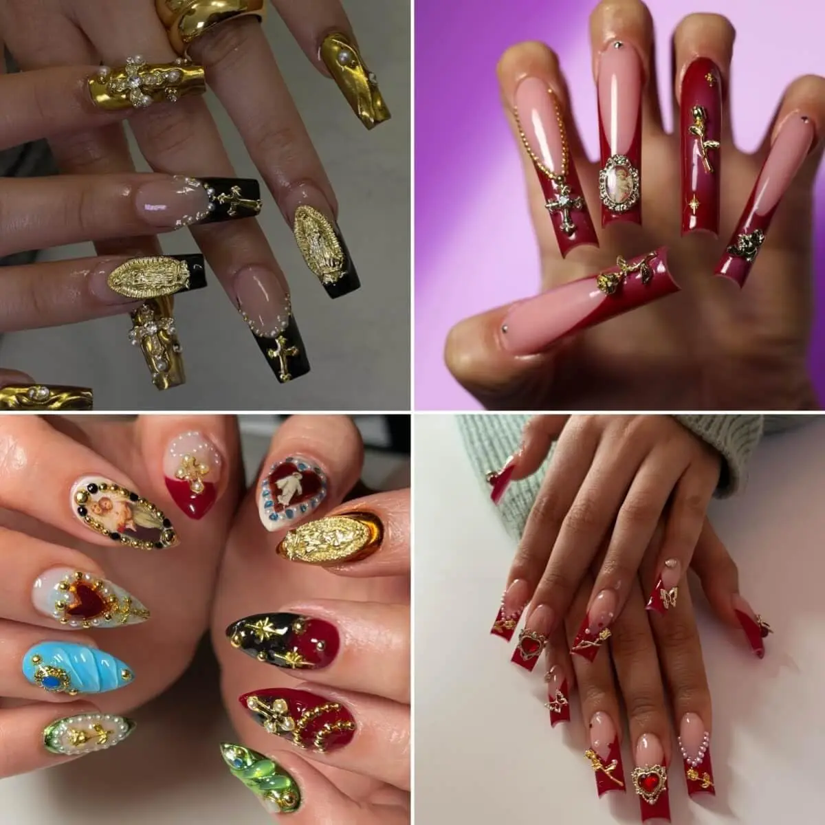 Zestaw złotych ozdób do paznokci 72 szt. ze złotym krzyżem, sercami, różą i Matką Boską - chromowane ozdoby do paznokci 3D Y2K