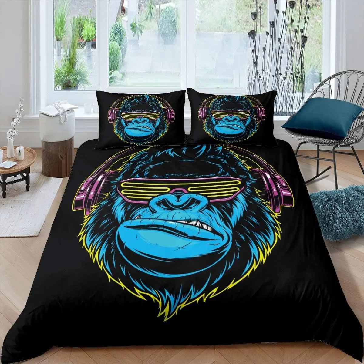 3D Gorilla Duvet Cover Set Double Size Headphone Gorilla Bedding Set With 2 Pillowcases Watercolor Blue Design