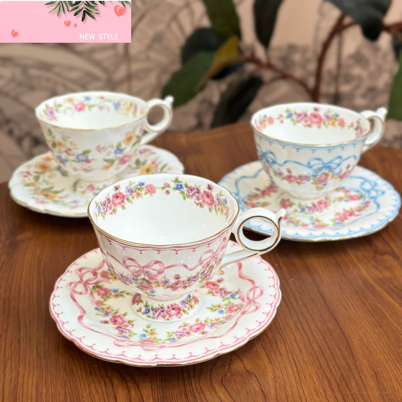 

Цветочная лента из костяного фарфора, кофейная чашка, блюдце, чашка ручной работы с бантом, высококачественная кофейная кружка, изысканная подарочная коробка для чашки, подарок на день рождения