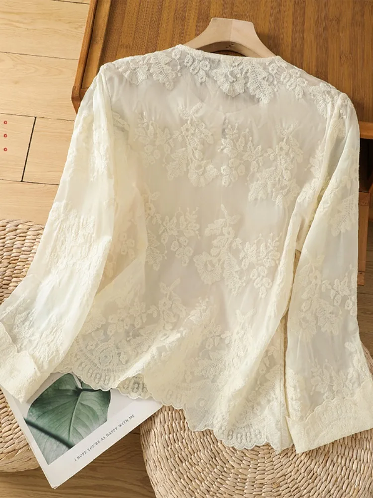 Nuevo cárdigan abierto de lino y algodón con bordado Floral chino para mujer, Top fino holgado informal con protección solar, Top