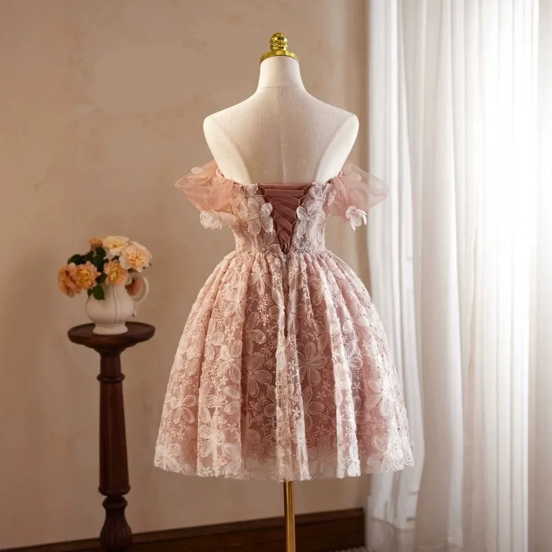 Pink Evening Gown with High-end Feel, Retro Mesh Short Design, Banquet, Annual Meeting, Birthday, Princess Dress, Temperament