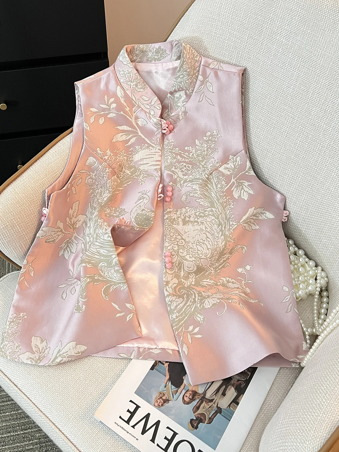 

Young Modern Retro Chinese Sle Vest High-End Tang Costume National Trend Commute Sle V-Ne Zipper Floral Pattern