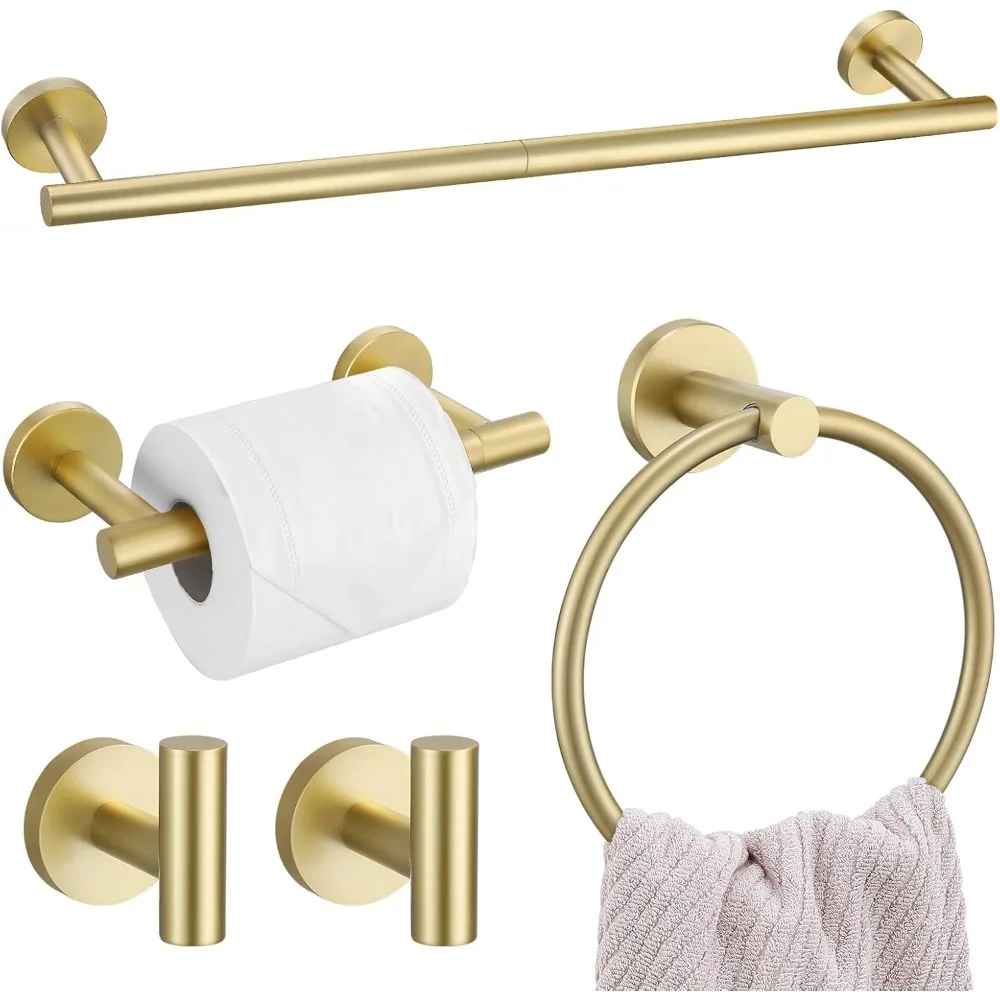 

5-Piece Brushed Gold Towel Bar Set, Upgraded Round Bathroom Hardware Accessories, Stainless Steel Wall Mounted 23.6 Inch