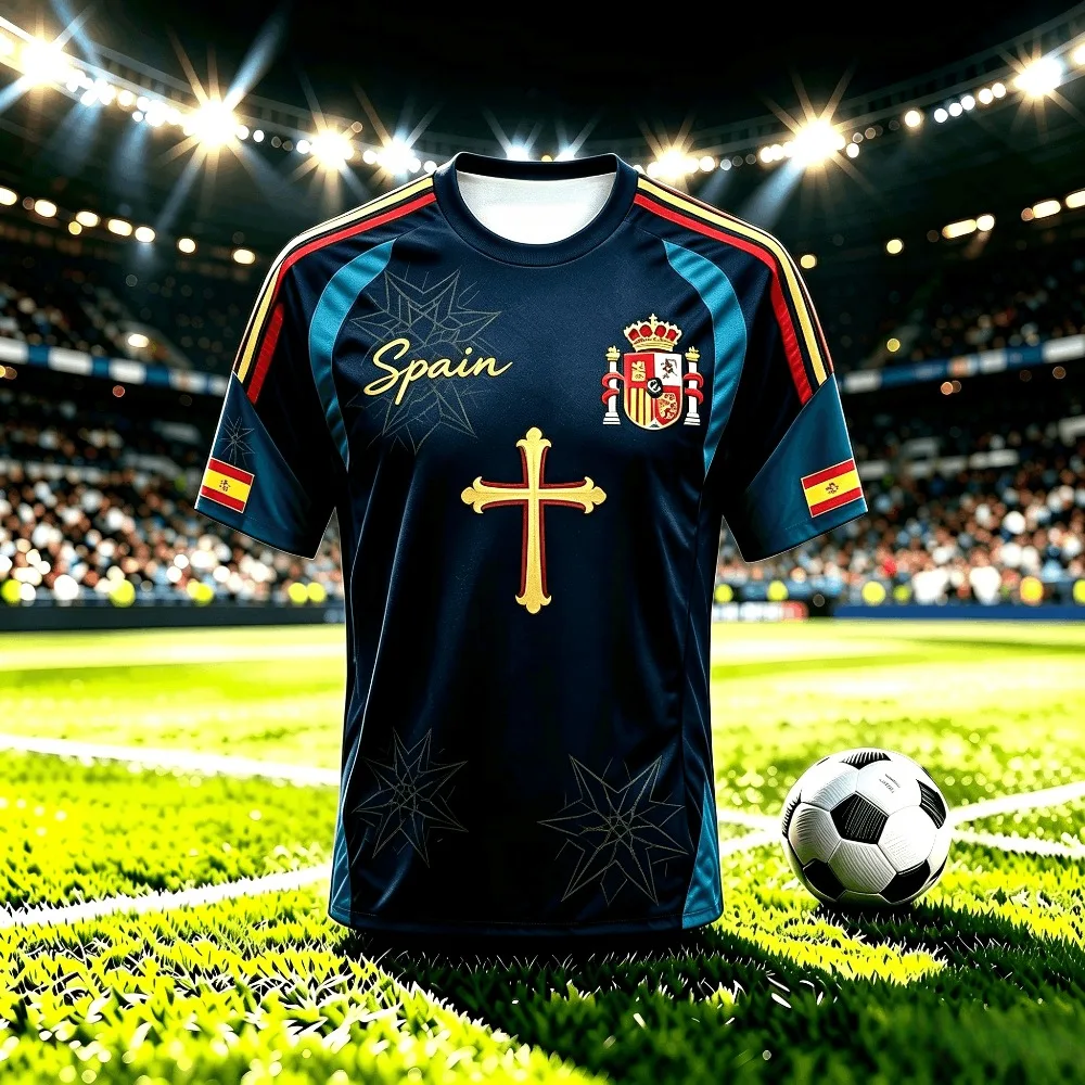 Adult Spain Soccer Jersey Cross Text Print Colorful Shoulder Strip Star Fabric Motifs 2026 Athletic Emblem Fan Football Shirt