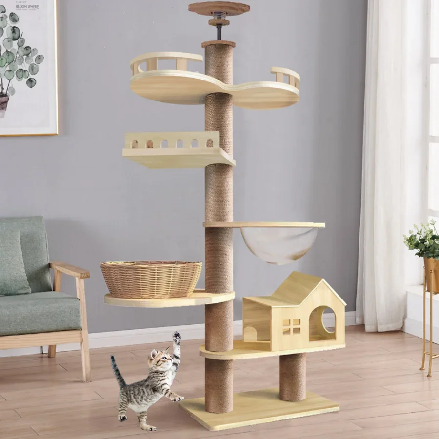 

Tower Wood Climbing Frame Sisal Rope Cat Scratching Posts Grinding Paws Perch Tower Kitten Condos