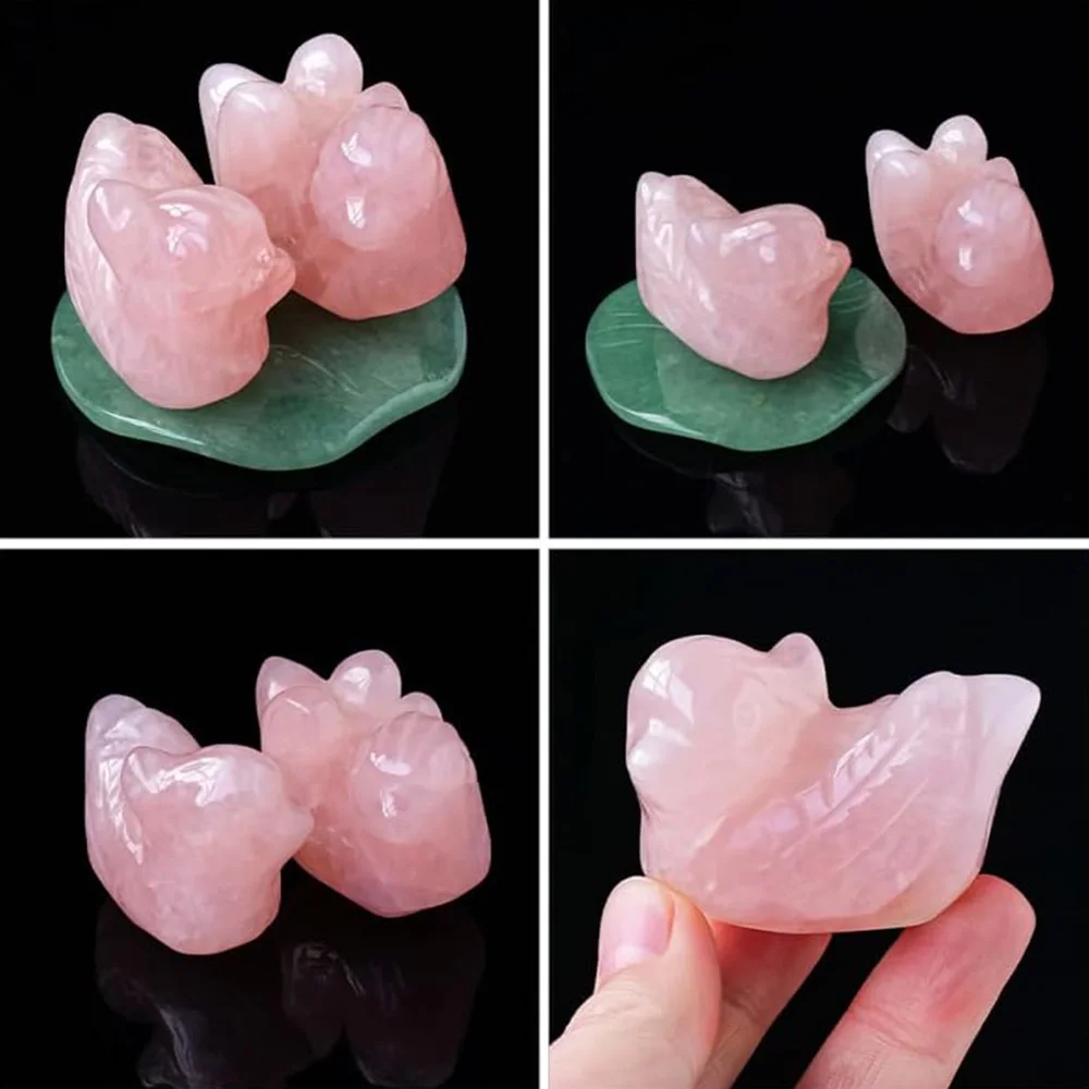 Natural Rose Quartz Mandarin Ducks Feng Shui Crystal Love Birds on Lotus Leaf Figurine Romance and Love Valentines Day Gifts