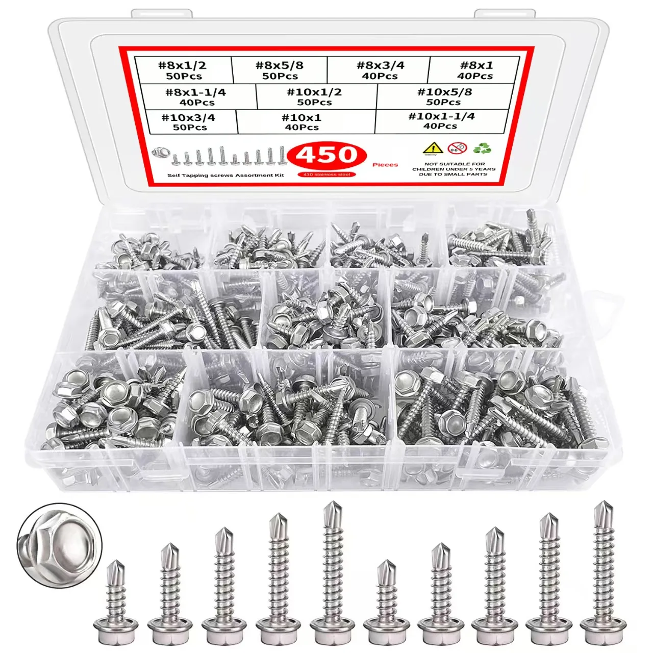 

450PCS 410 Stainless Steel Self Drilling Screws #8 #10 Hex Head Sheet Metal Screws Assortment Kits Length 1/2" to 1-1/4''