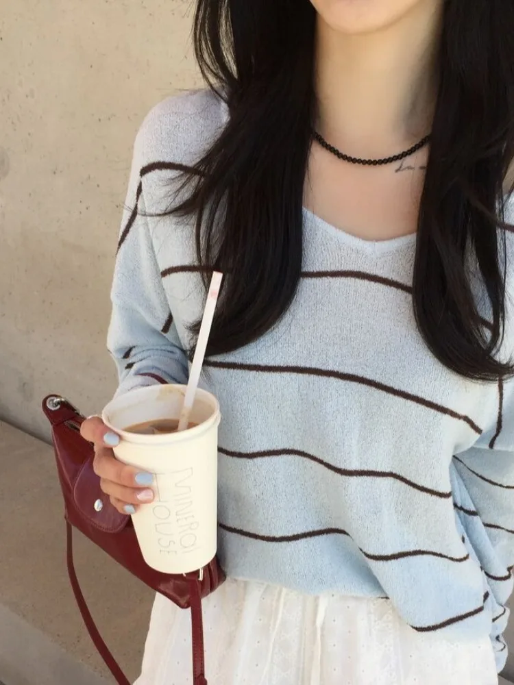 Tricot rayé ajouré pour femmes, Design coréen, haut fin et polyvalent, nœud papillon, Svel, coupe ample, été