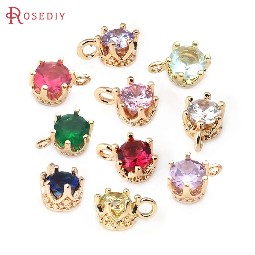 6PCS 5.5MM High Quality 18K Gold Color Brass with Glass Crown Round Charms Pendants Jewelry Making Diy Findings Accessories