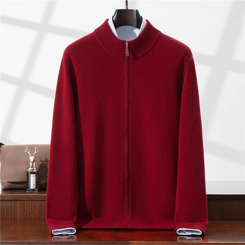 Autumn Winter Men's Zipper Cardigan 100% Merino Wool Sweater Thick Mock Neck Long Sleeve Cashmere Coat Korean Casual Clothing
