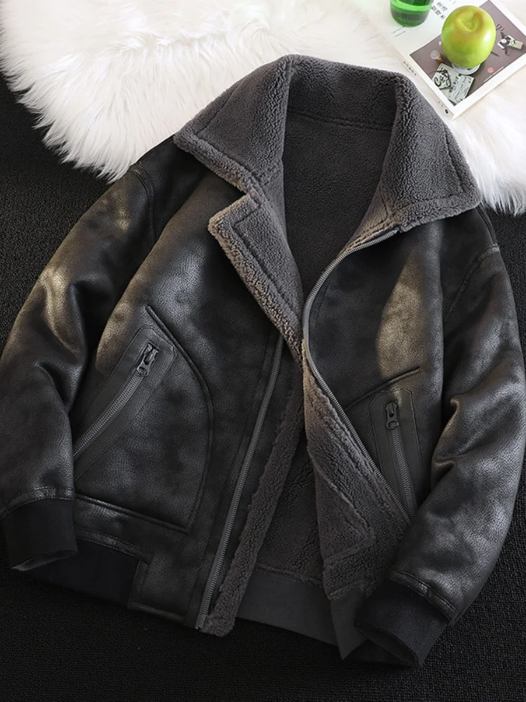 

Мужская зимняя утепленная куртка с флисовой подкладкой из овечьего меха, мотоциклетная рабочая одежда, хлопковое пальто, двусторонняя теплая верхняя одежда