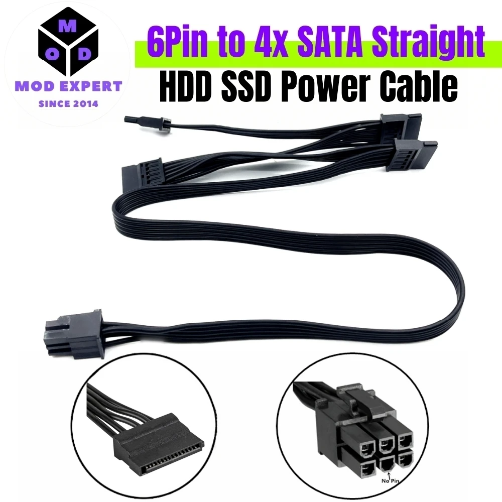 

6Pin to 4x SATA Straight for HDD SSD Power Cable for Corsair RM1000i, RM850i, RM750i, RM650i Type 4 Modular Power, 50+15+15+15CM
