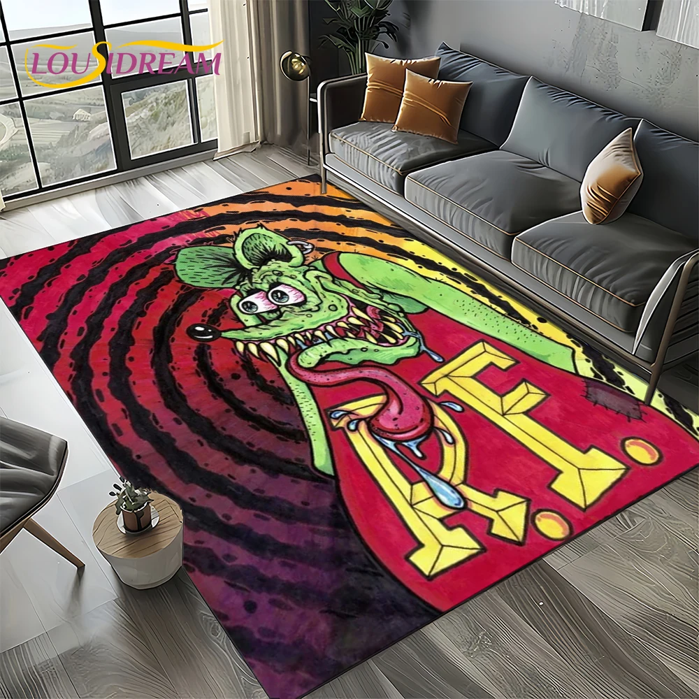 RF Funny Rat Fink Cartoon Motorcycle Sign Carpet Rug for Living Room Bedroom Home Sofa Decoration,Area Rug Non-slip Floor Mat