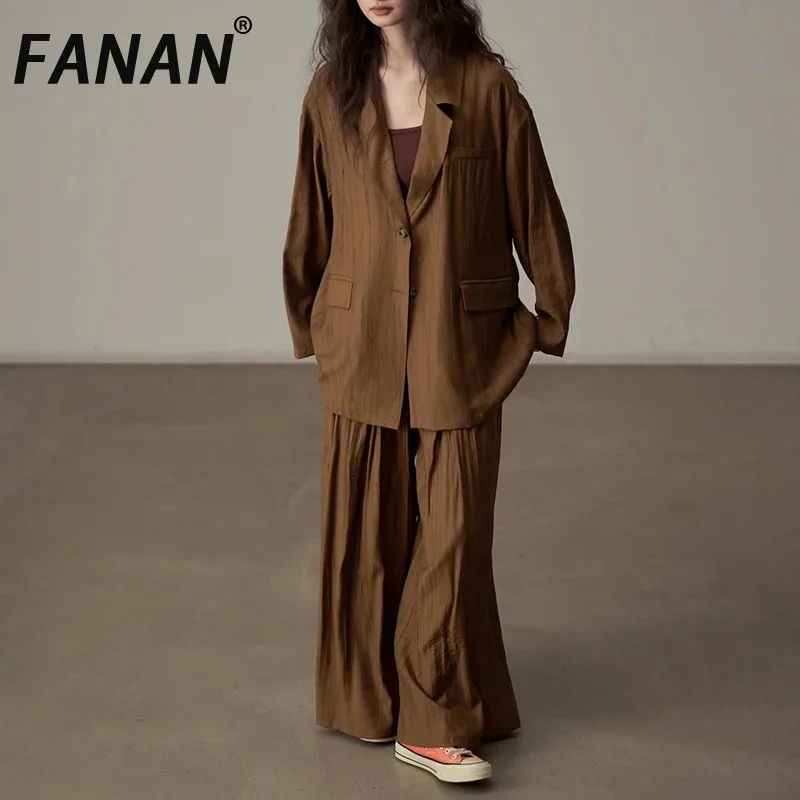 

FANAN Women's 2 Piece Set Lapel Single Breasted Long Sleeve Loose Blazers+high Waist Straight Trousers Female 2025 autumn New