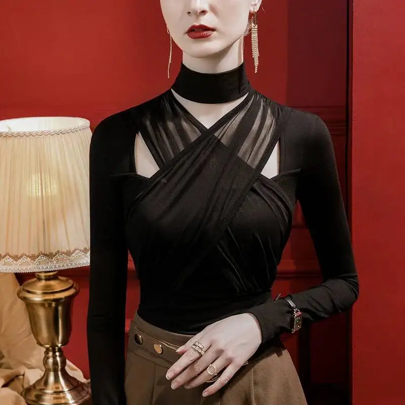 # 4341 Schwarzes Rollkragen-T-Shirt für Damen mit Mesh-Einsatz, Figurbetontes Langarm-Shirt aus Modal-Baumwolle, Sexy Frühlings-Oberteil