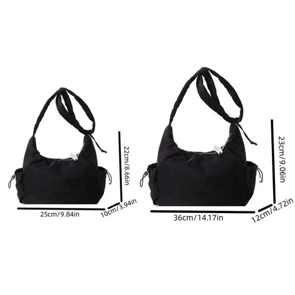 Nylon Drawstring Shoulder Bag Zipper Solid Color Pleated Straps Handbag Soft Large Capacity Cloth Crossbody Bag School