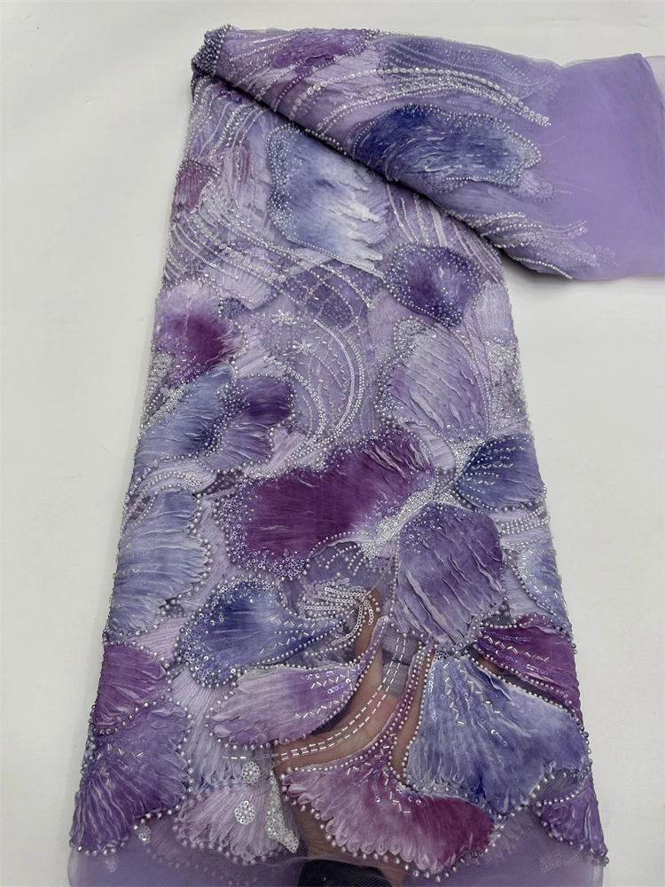 ผ้าลูกไม้ปักเลื่อมลายลูกปัดแอฟริกันแบบใหม่ ผ้าลูกปัด 3 มิติ ผ้าทูลล์ปักลาย ผ้าไนจีเรียสำหรับชุดงานแต่งงาน